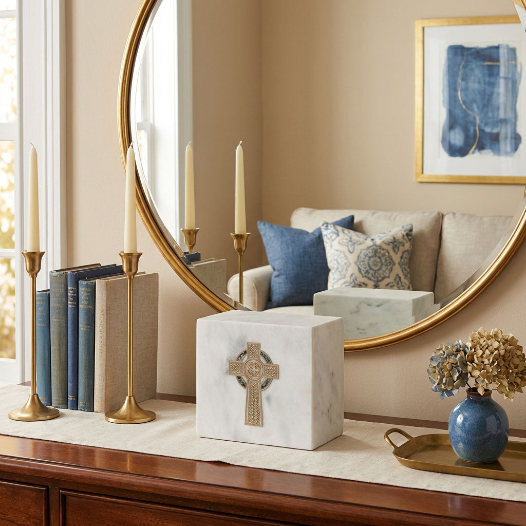 White natural marble urn with gold celtic cross and blue shell inlay in a home decor setting.