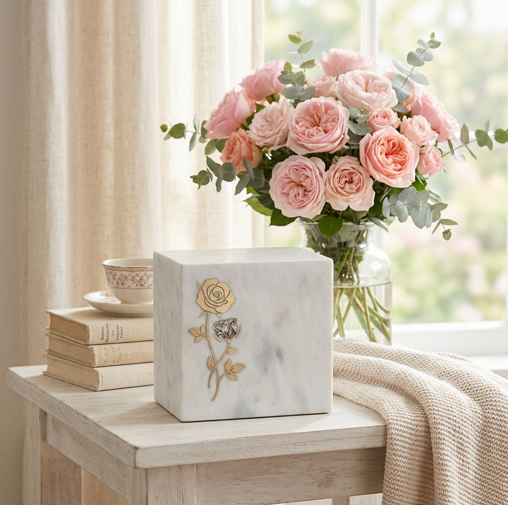 Natural white marble urn with gold rose design and pink shell inlay in a cozy home decor setting.