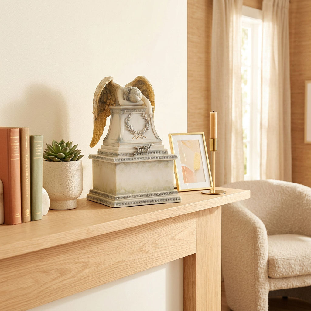 Weeping angel cremation urn in a home decor setting on a mantle.