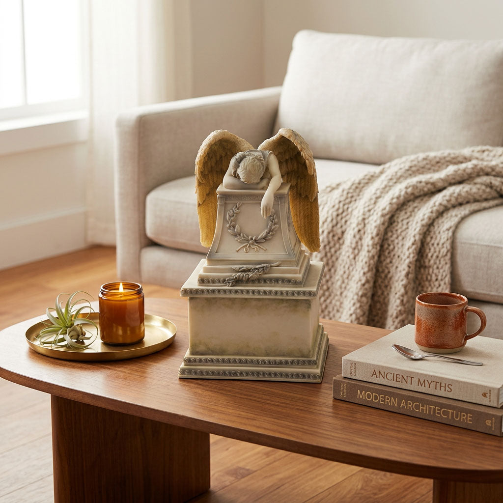 Weeping angel cremation urn in a home decor setting.