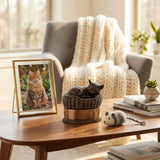 Pet urn in the shape of a cat in a basket in a home decor setting on a coffee table.