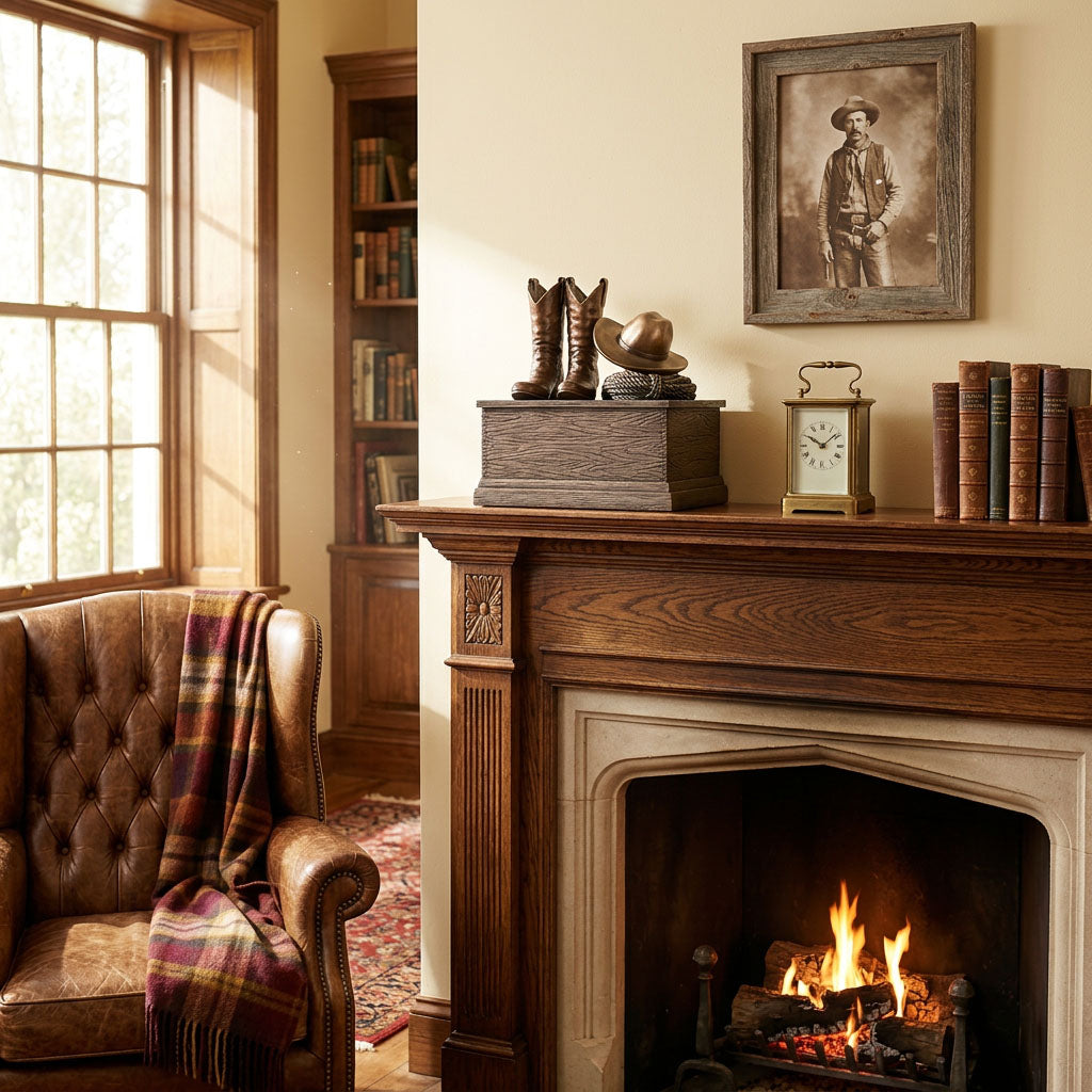 Cowboy cremation urn featuring boots, hat, and rope in a traditional home decor setting.