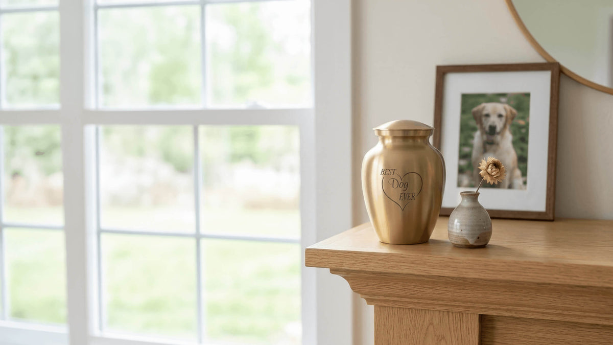 Brass cremation urn for a dog with etched Best Dog Ever on a clean and modern fireplace mantel.