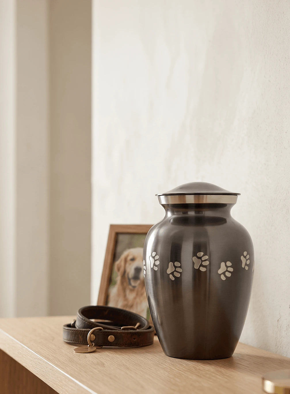 A dark metallic pet urn for dog ashes with engraved paw prints sits on a light wood shelf next to a brown leather collar and a framed pet portrait against a neutral wall.