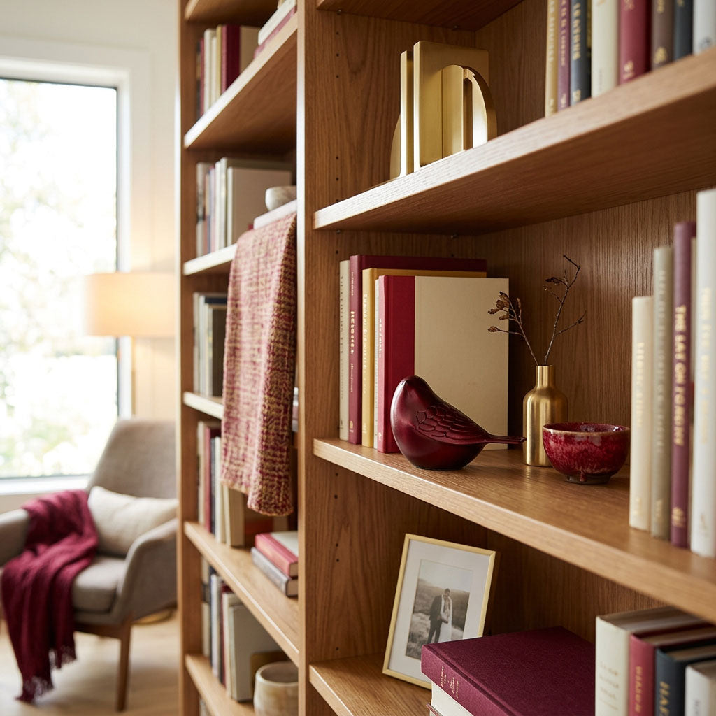 Deep red metal songbird cremation keepsake on a bookshelf. 