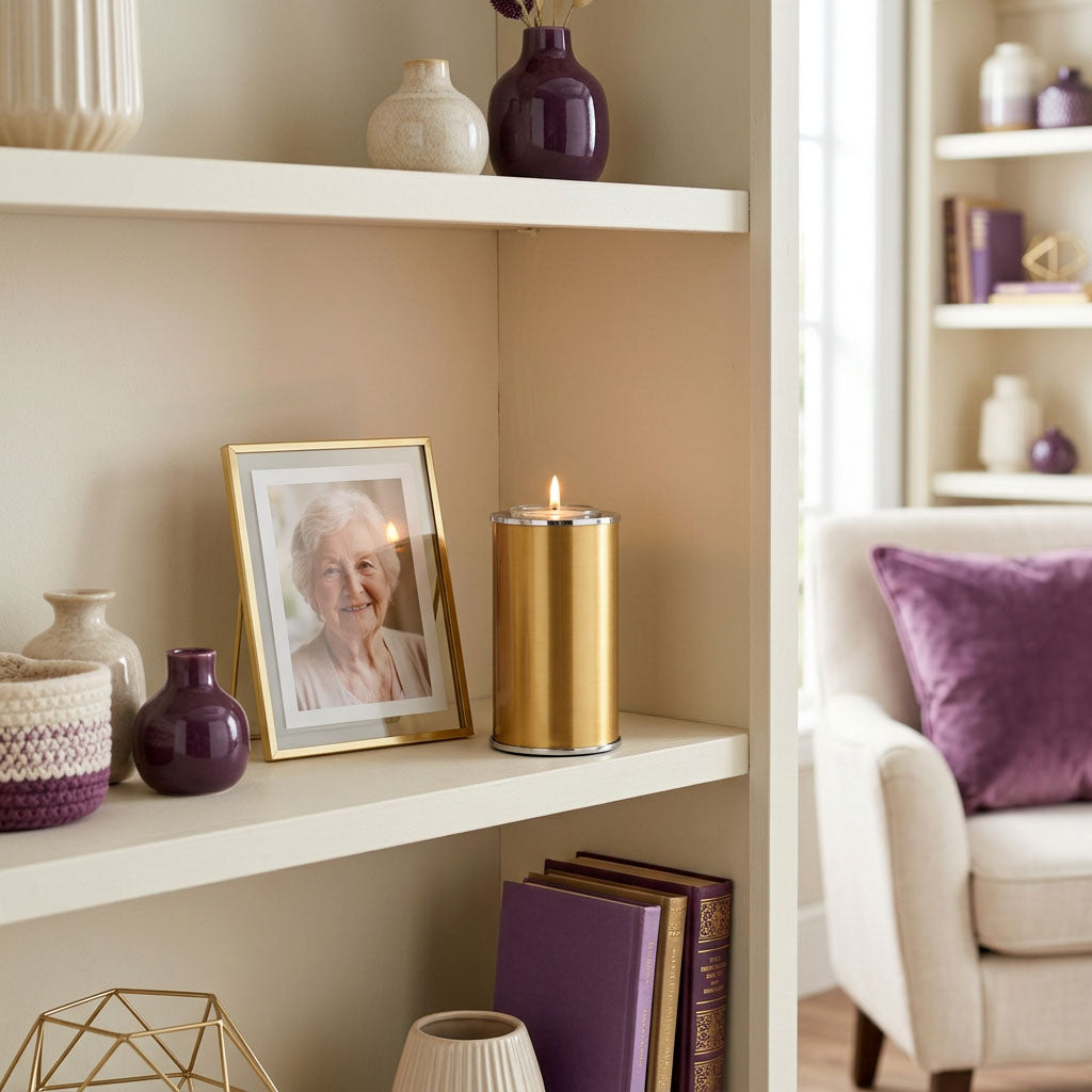 Metal cremation keepsake containing a  tealight candle holder in a gold finish in a home decor setting.