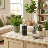 Aluminum cremation keepsake with memory tealight candle holder in a slate finish in a home decor setting.