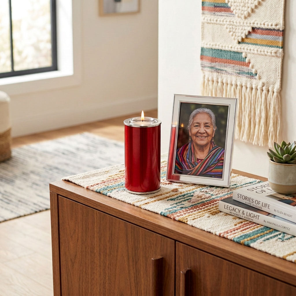 Keepsake for ashes with memory tealight candle in a scarlet red finish with pewter accents in a home decor setting.