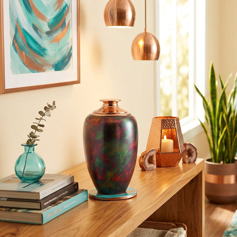 Lennox Textured Raku brass cremation urn in a home decor setting.