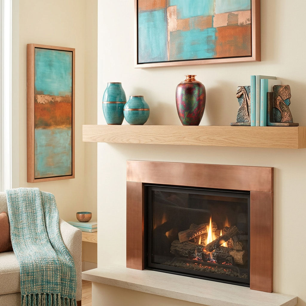 Turquoise, purple, pink, and green brass cremation urn with copper accents in a home decor setting.
