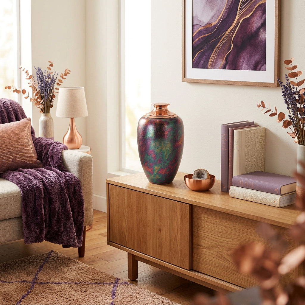 Distinctive, modern, and unique brass cremation urn with a colorful finish in a home decor setting.