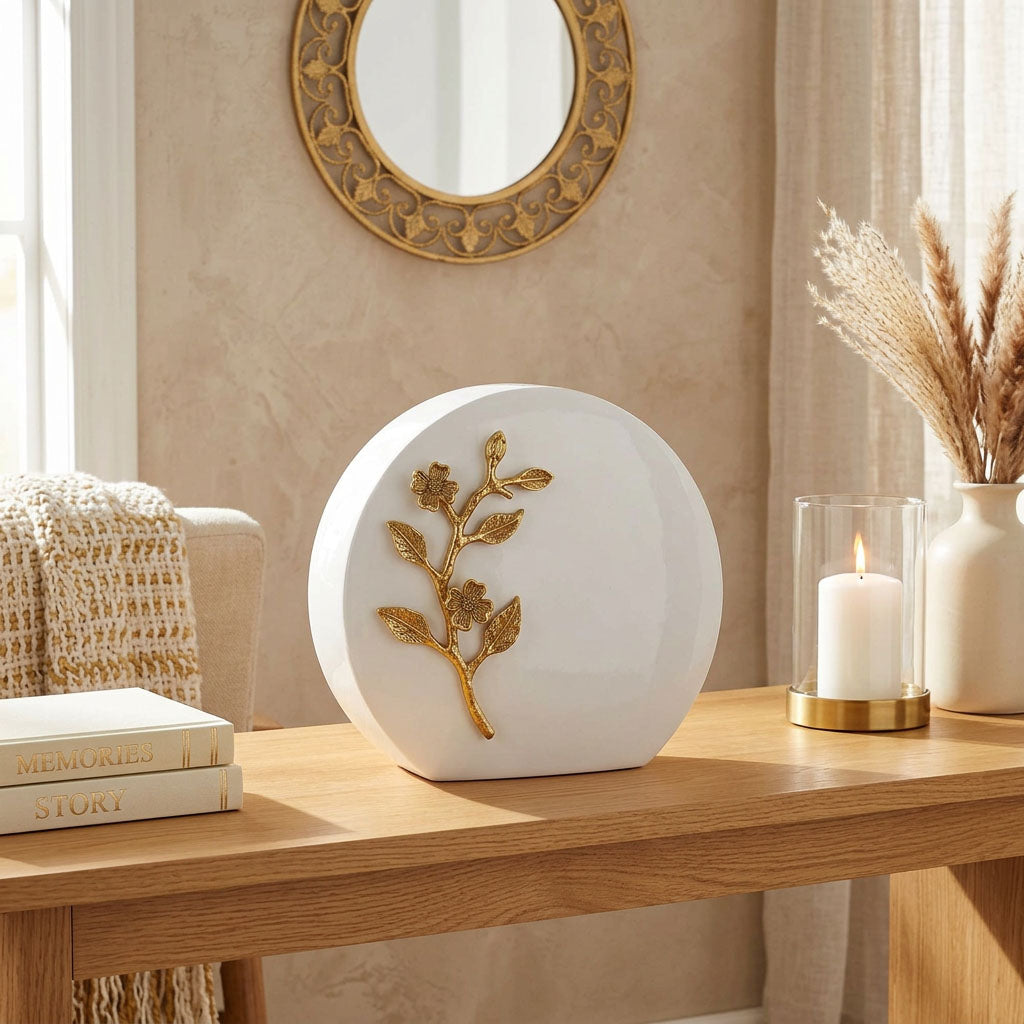 Exquisitely modern metal urn in a pearl white finish with a delicate golden cherry blossom accent in a home decor setting.