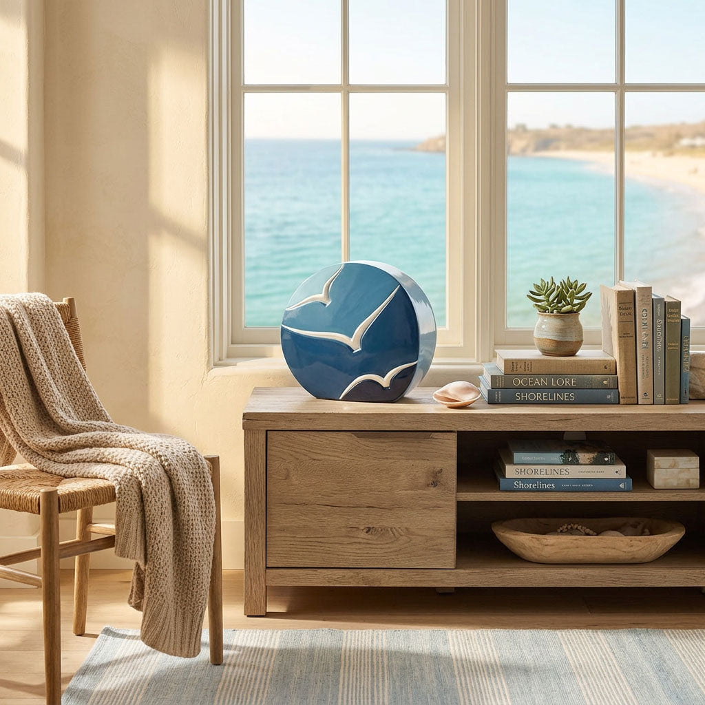 Round ceramic urn in a blue finish with dimensional flying bird silhouettes in a home decor setting by the ocean.