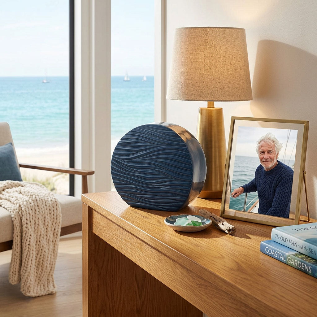 Modern blue ceramic urn featuring a dimensional tranquil wave design in a home decor setting.