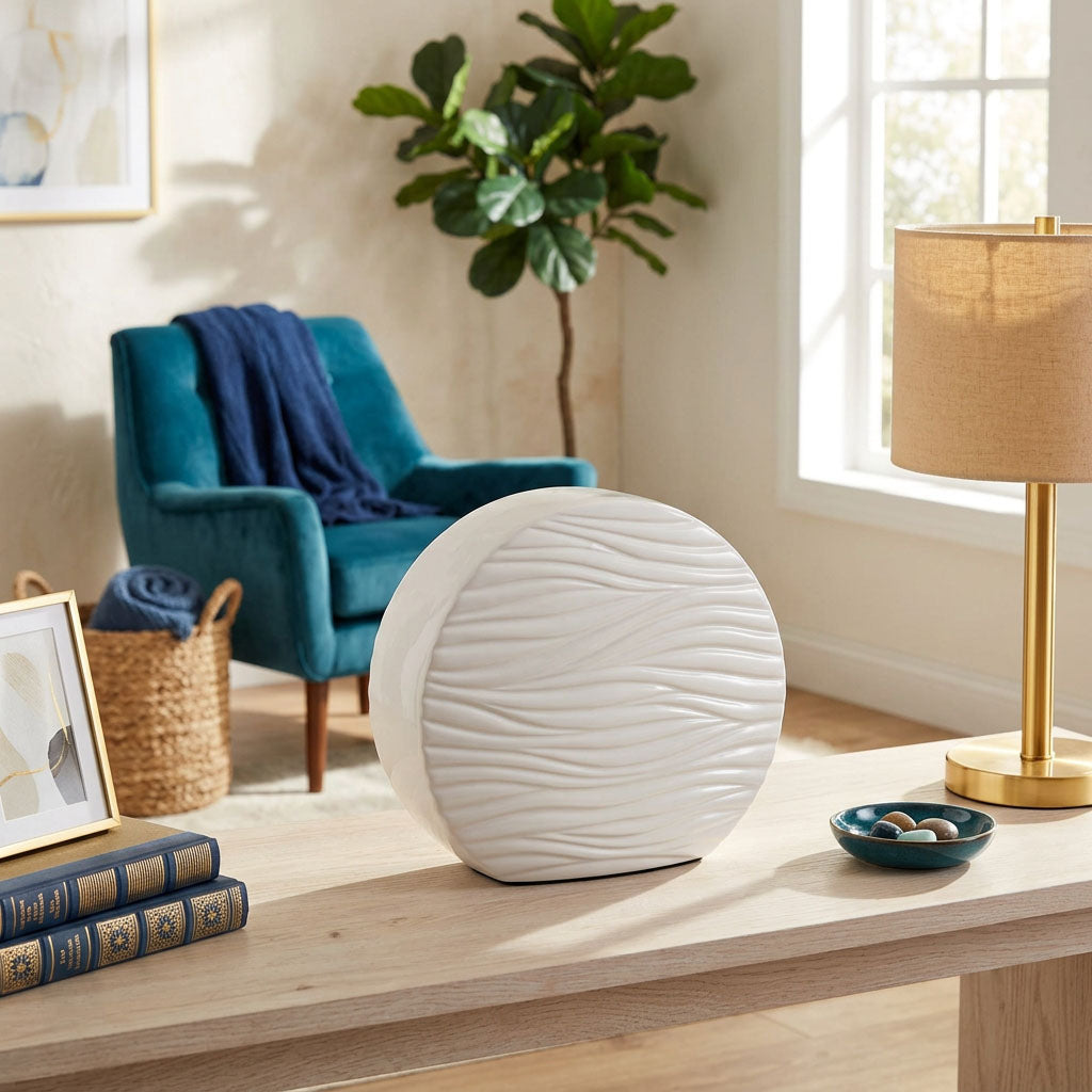Round white ceramic cremation urn with soft, polished wave pattern in a home decor setting.