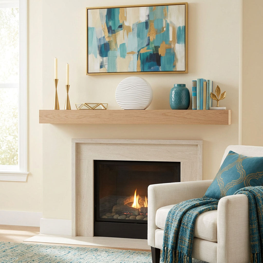 Round white ceramic cremation urn with soft, polished wave pattern in a home decor setting above a fireplace.