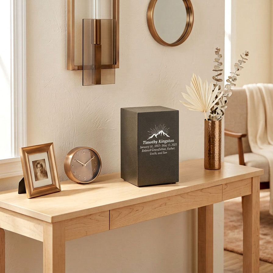 A bold steel urn box with antique bronze powder coat textured finish in a home decor setting with personalization.
