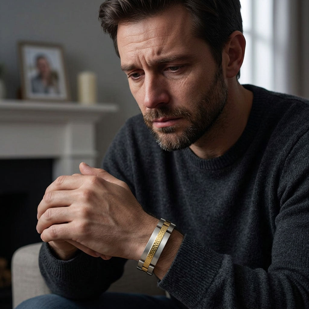 Two-tone masculine metal memorial bracelet in pewter with gold accents.
