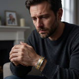 Two-tone masculine metal memorial bracelet in pewter with gold accents.