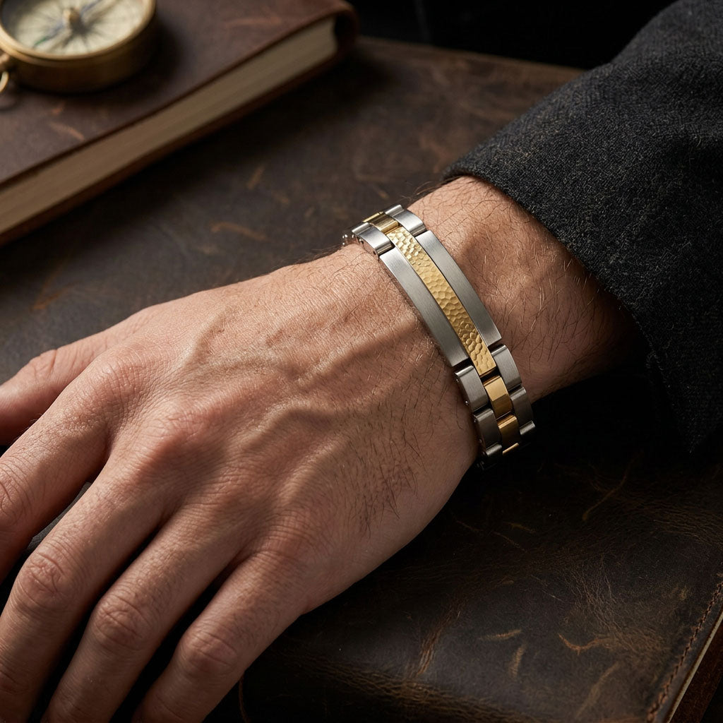 Two-tone men's metal memorial bracelet  in pewter with gold accents.