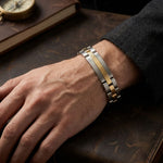 Two-tone men's metal memorial bracelet  in pewter with gold accents.