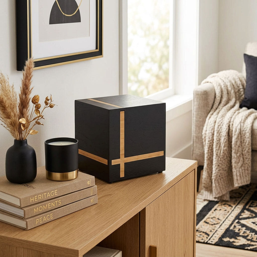 Modern black box urn with wood veneer finish and bamboo inlay in a home decor setting.