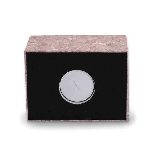 Pink, burgundy, and white natural marble box cremation urn closure image.