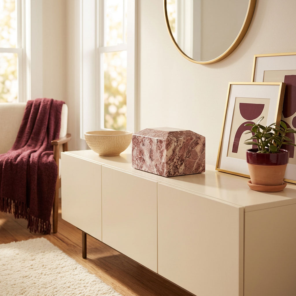 Pink, burgundy, and white natural marble box cremation urn in a home decor setting on a cabinet.