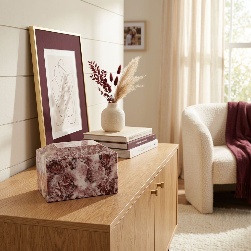 Pink, burgundy, and white natural marble box cremation urn in a home decor setting.