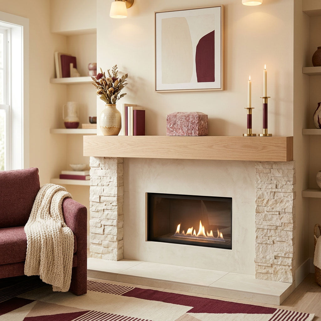 Pink, burgundy, and white natural marble box cremation urn in a home decor setting above a fireplace.