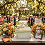 Natural marble cremation box urn in cream with golden veining in a celebration of life setting.