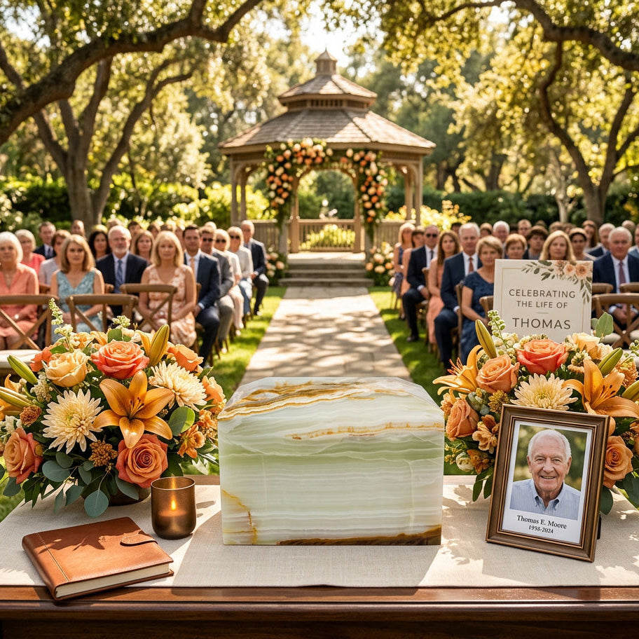 Natural marble cremation box urn in cream with golden veining in a celebration of life setting.