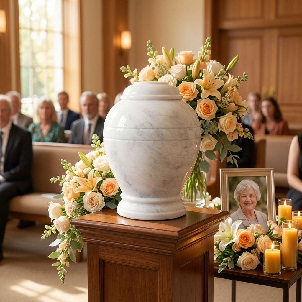 Natural white marble cremation urn featuring two hand-carved rings in a funeral service setting.