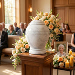 Natural white marble cremation urn featuring two hand-carved rings in a funeral service setting.