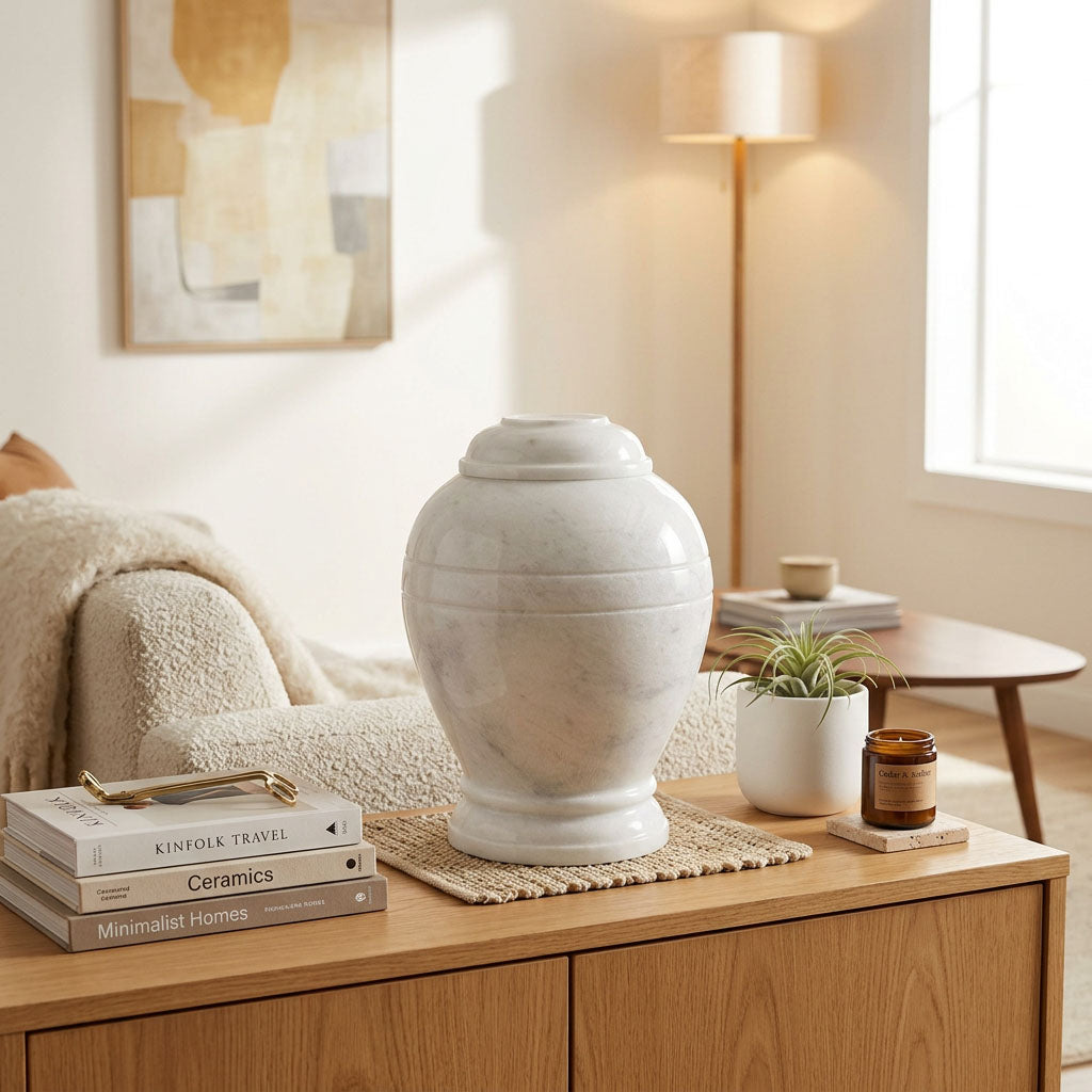 Natural white marble urn featuring two hand-carved rings in a home decor setting.