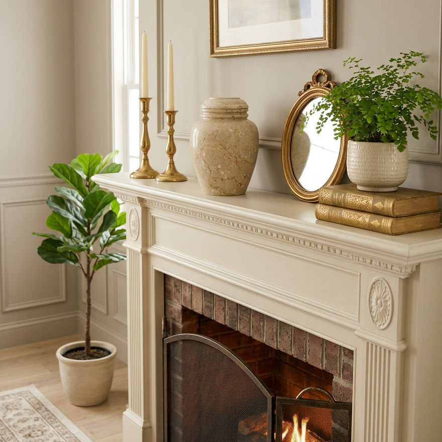 Beige natural marble urn with unique brown, white, and tan veining in a home decor setting.