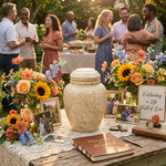 Beige natural marble urn with unique brown, white, and tan veining in a celebration of life outdoor setting.