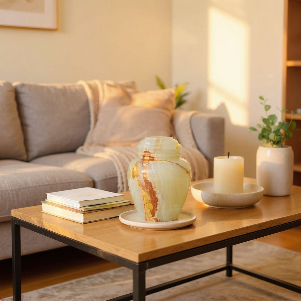 Extra small natural marble cremation urn in cream and green finish with brown veining in a home decor setting.