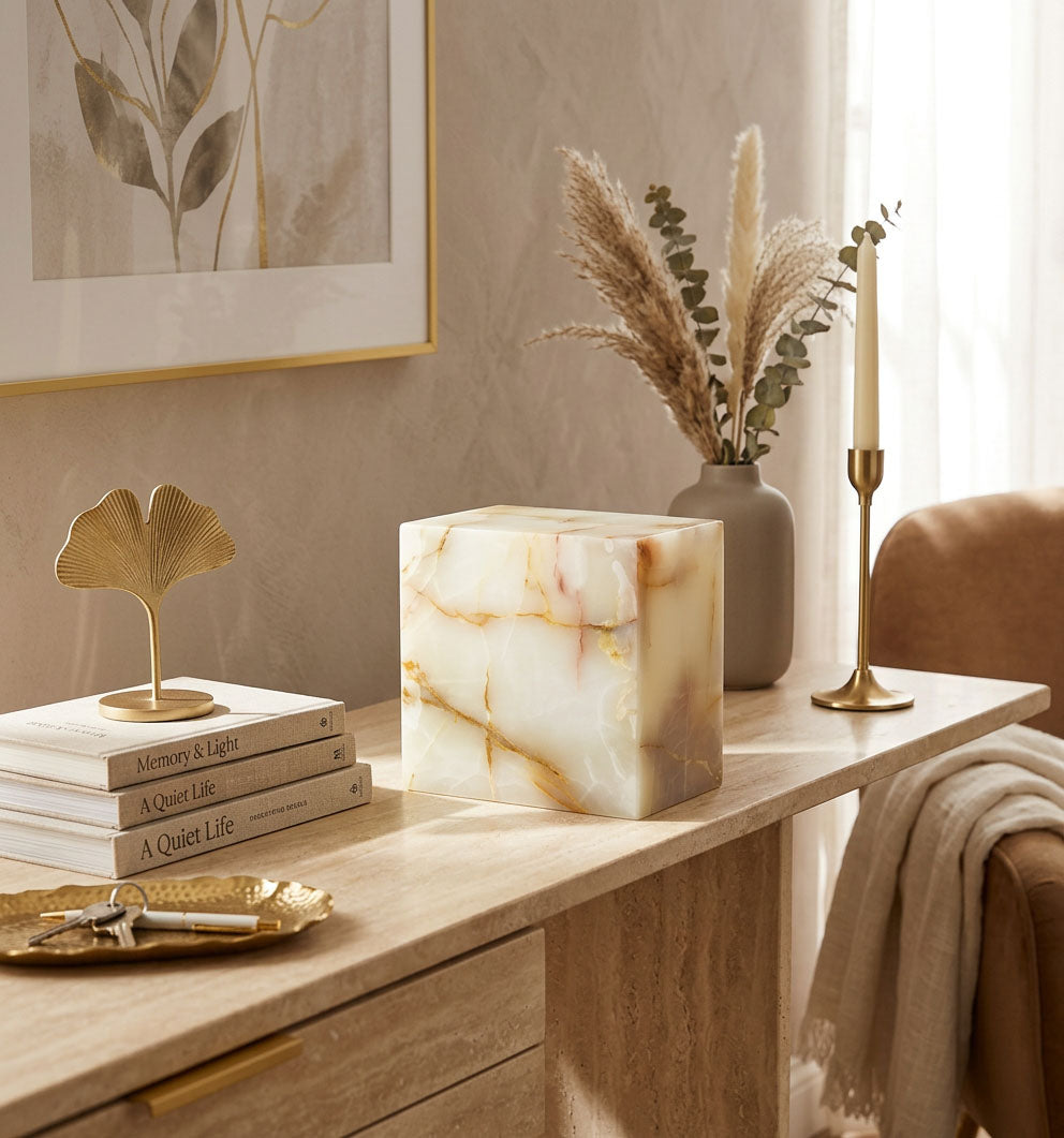 Cream & green natural marble urn with unique brown veining in a home decor setting.