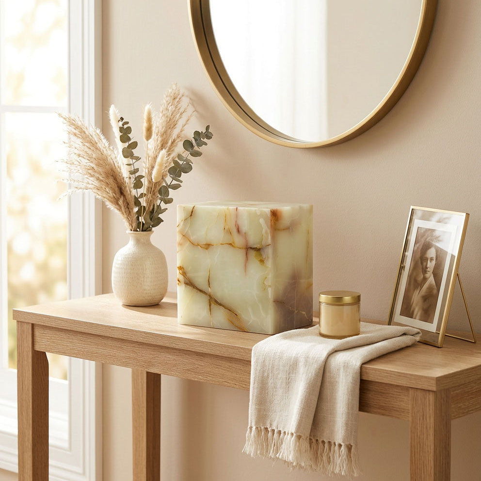 Cream & green natural marble urn with unique brown veining in a home decor setting on a table.