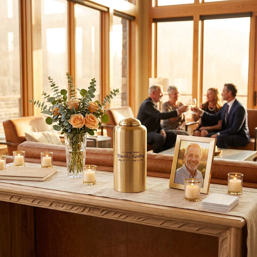 Adult brass cremation urn with a contemporary cylindrical silhouette in a celebration of life setting. 