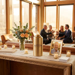 Adult brass cremation urn with a contemporary cylindrical silhouette in a celebration of life setting. 