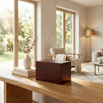 Modern MDF cremation box featuring a cherry wood veneer finish in a home decor setting.