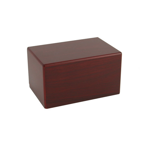 Beautiful reddish brown cherry wood finish cremation urn box for pets with capacity for up to 85 cubic inches.