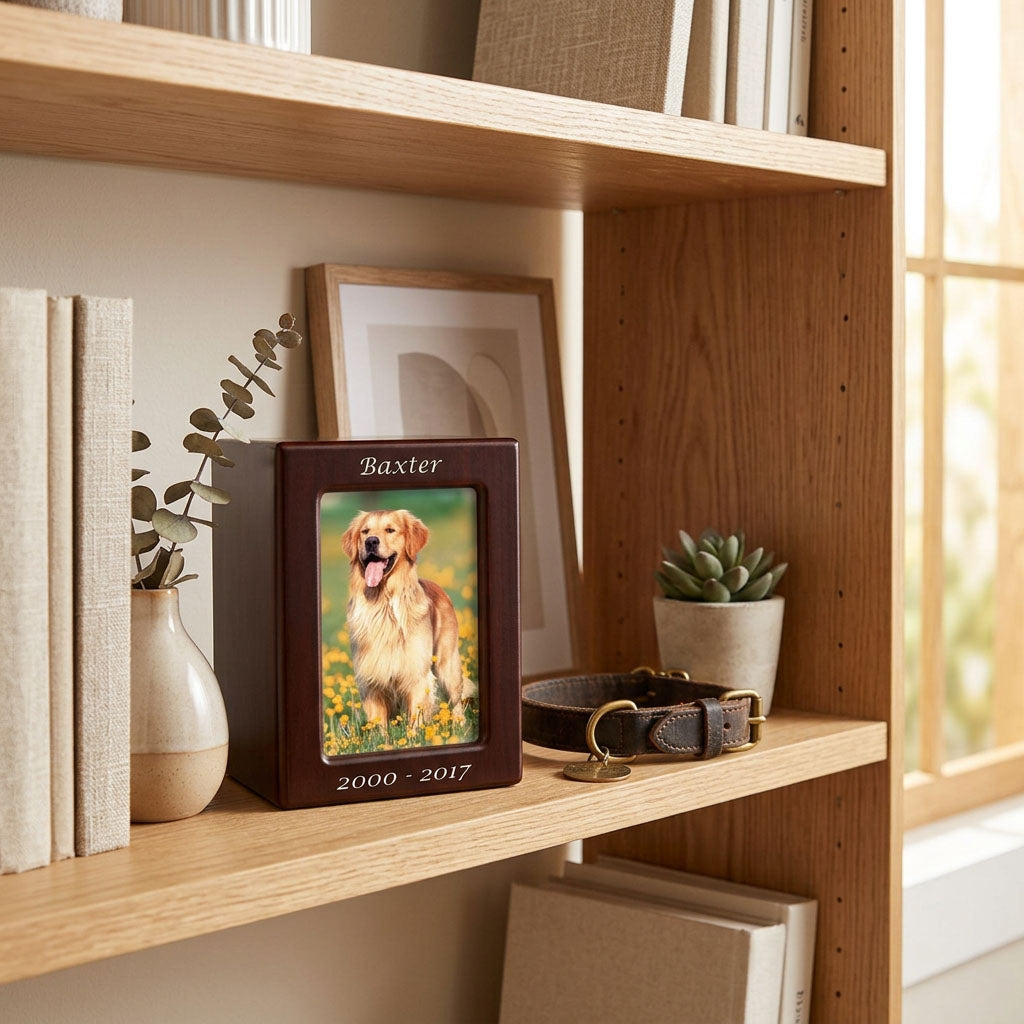 MDF pet photo box urn featuring a cherry wood veneer finish in a home decor setting.