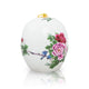Small ceramic cremation urn with pink peony, blue bird, and gold top handle