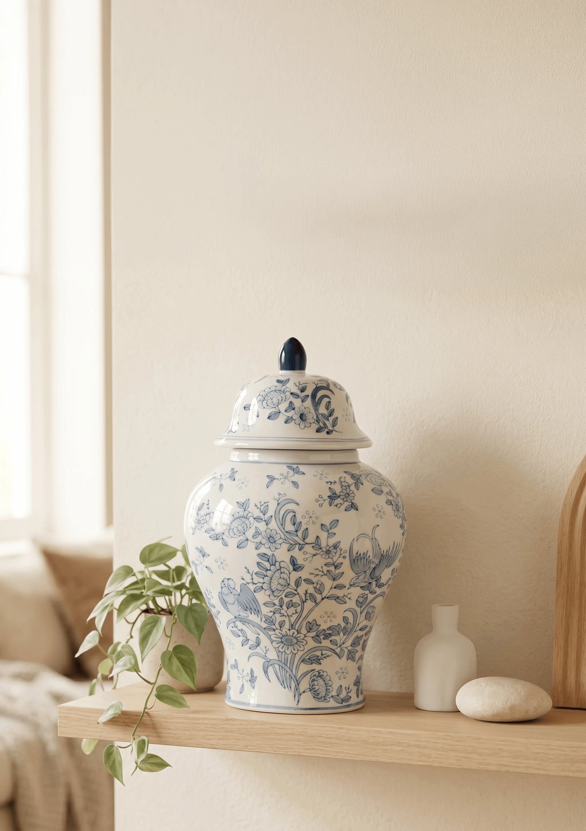 A blue and white ceramic decorative cremation urn styled on a light wood shelf next to a small green plant in a warm, neutral-toned room.