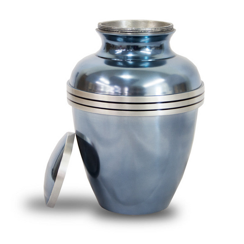 Blue adult sized urn with metallic finish and featuring silver trim on the lid and three silver bands around the urn.