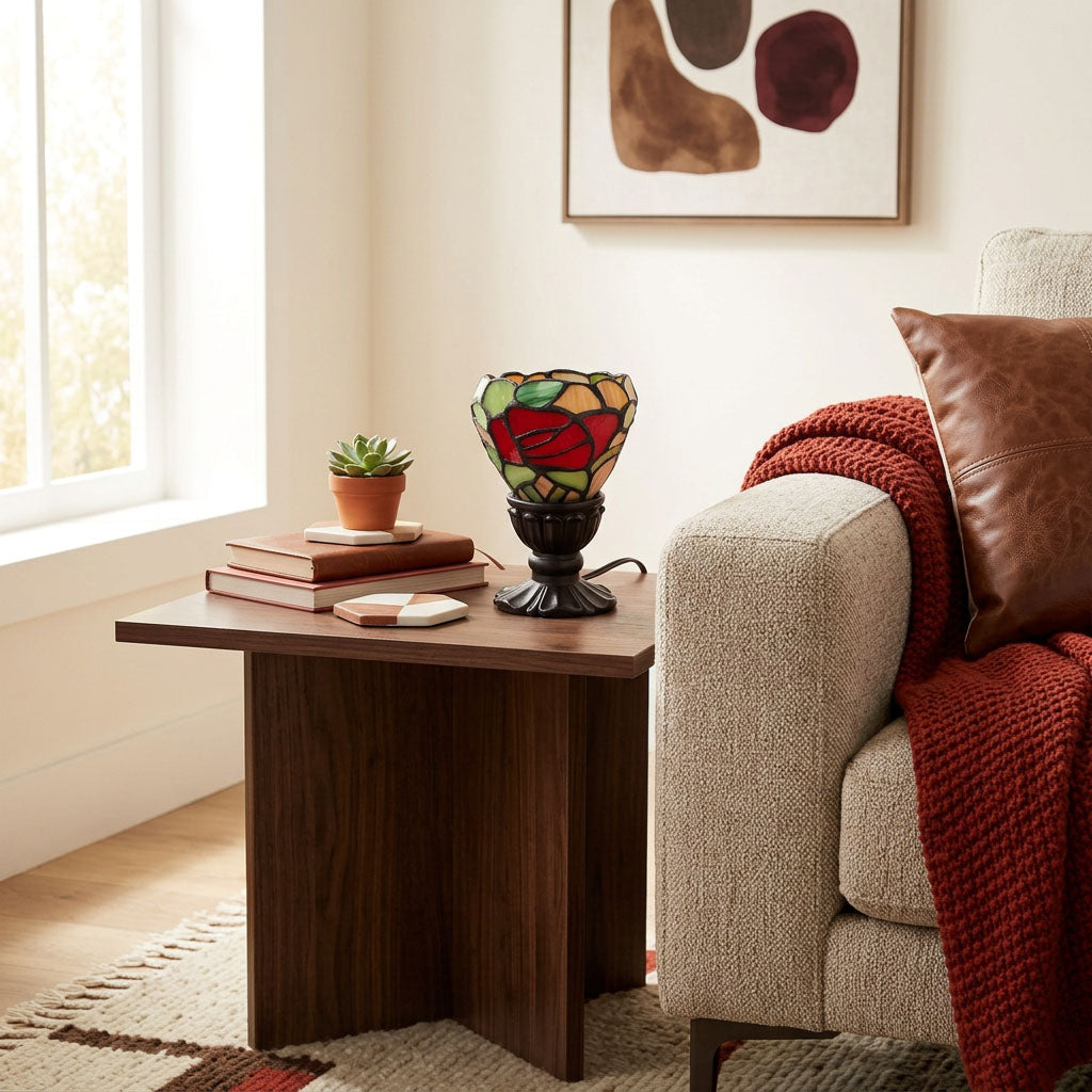 Red Rose Memory Lamp stained-glass keepsake in a home decor setting on an end table.