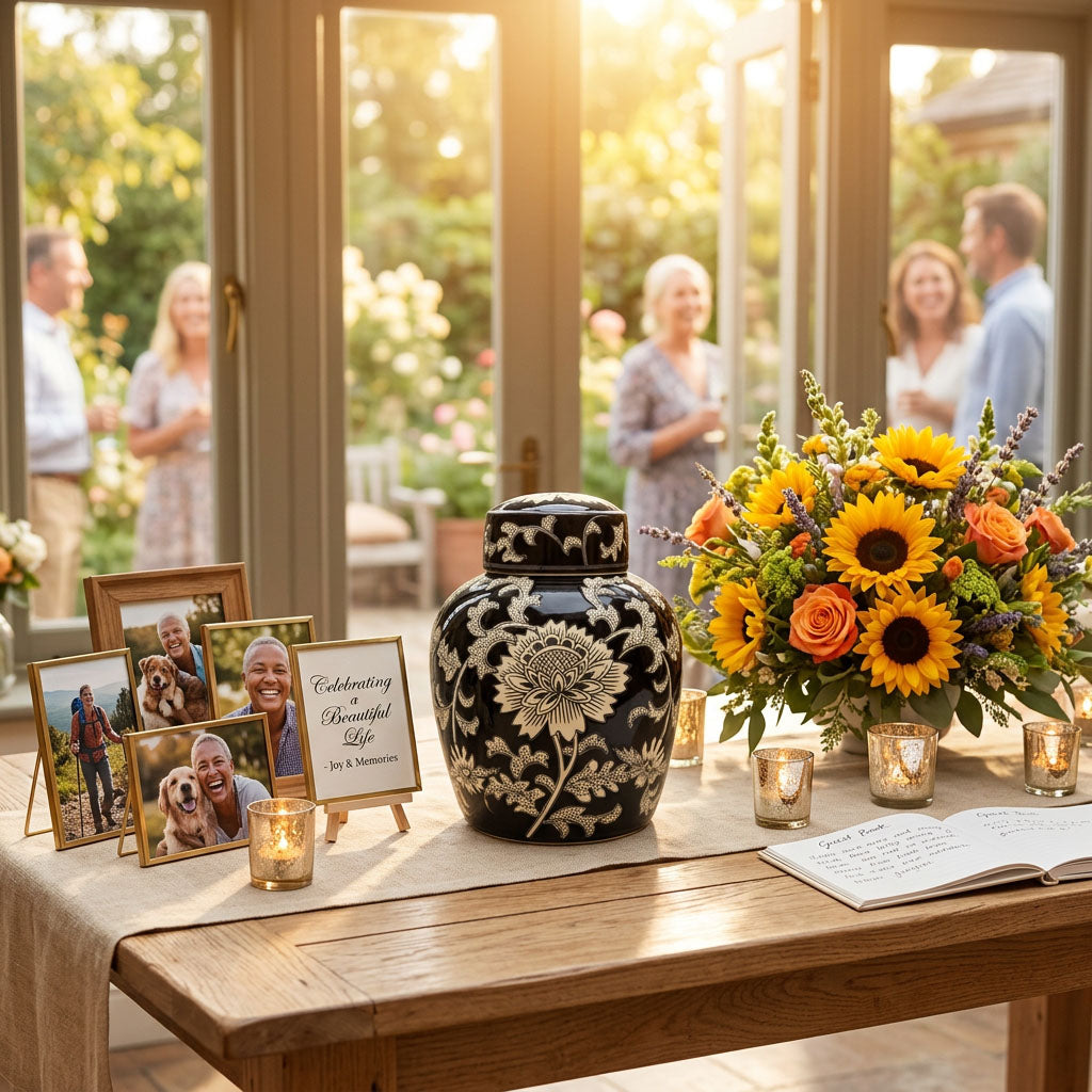 Black floral ceramic urn featuring a lotus design in a celebration of life setting.